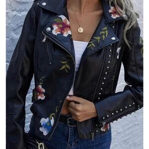 Floral Embroidered Black Faux Leather Jacket sz M